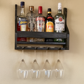 ONIJA  Wood Wine Rack - Wall Mounted - 4/8 Glasses and Bottles Holder | Mini Bar Cabinet for Home with Wine Glass Holder | Walnut (Black)